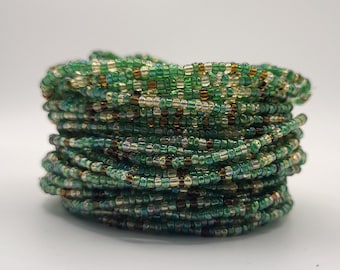 Green Seed Bead Bracelet Set: Thin Elastic Stacking Bracelets