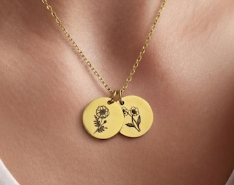 Personalized Tiny Birth Flower Necklace, Birth Flower Jewelry, Initial Tag Necklace, Personalized Gift, Dainty Name Jewelry, Christmas Gift