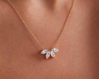 Marquise Diamond Necklace, Flower Petal Necklace, CZ Diamond Flower Charm, Flower Necklace, Bridesmaid Gift, Gift for Mom, Gifts For Her