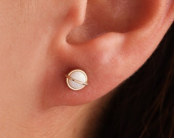 Saturn Opal Stud Earrings, 18K Gold Plated Fire Opal Bead Stud, Planet Jewelry, Dainty Planet Earrings, Celestial Jewelry, Gifts for Her