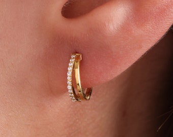 Double Hoop Huggie Earrings, Pave Gold Huggie Hoops, Diamond Earrings,  Bridesmaids Gifts, Wedding Earrings, Mom Gifts, Christmas Gift