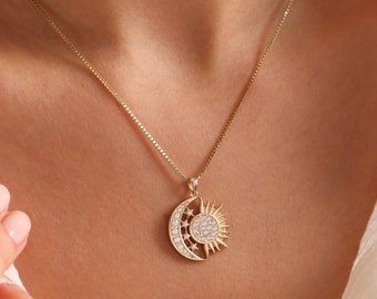 Dainty Sun Moon Necklace, Mom Gifts, Solar Eclipse Necklace, Mom Necklace, Mothers Day Gift, Celestial Sunshine Necklace,  Sun Necklace