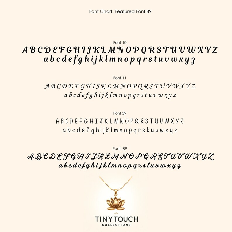 Puede incluir: Un gr&aacute;fico que muestra diferentes estilos de fuente, siendo la fuente destacada "Font 89". La fuente es un estilo de escritura cursiva. El gr&aacute;fico tambi&eacute;n incluye el texto "TINY TOUCH COLLECTIONS".