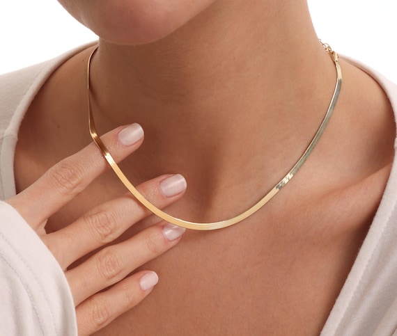 18K Gold Herringbone Chain Necklace, Herringbone Chain, Snake Choker Chain Necklace, Everyday Necklace for Women,Gift for Her,Christmas Gift