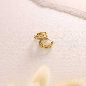 Double Hoop Huggie Earrings, Pave Gold Huggie Hoops, Diamond Earrings, Bridesmaids Gifts, Wedding Earrings, Mom Gifts, Christmas Gift 画像 4