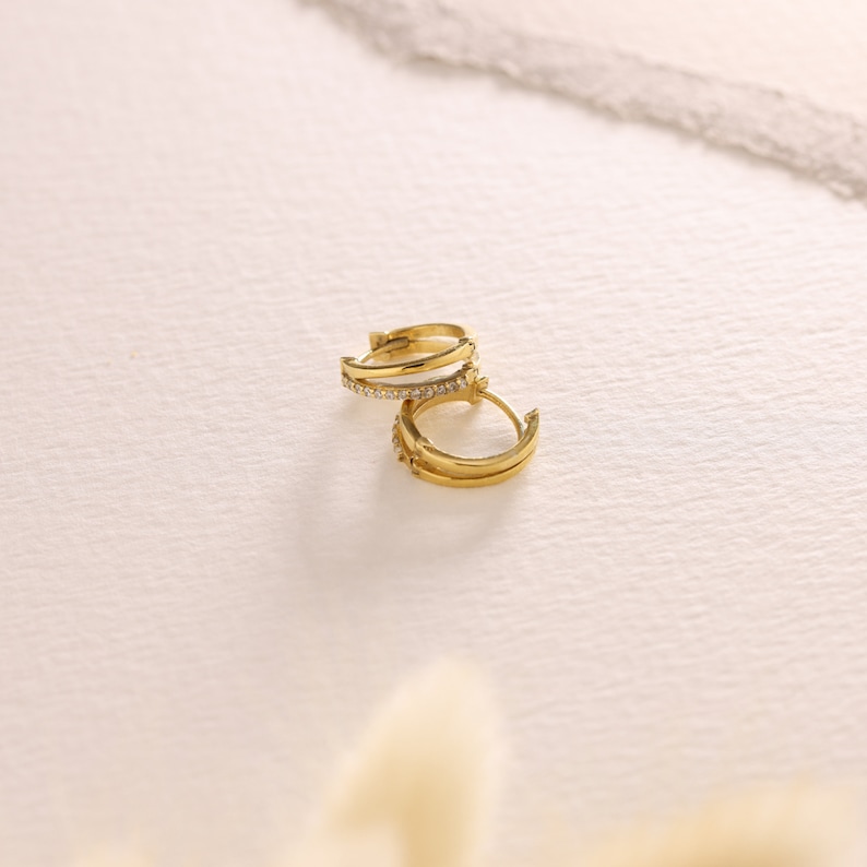 Double Hoop Huggie Earrings, Pave Gold Huggie Hoops, Diamond Earrings, Bridesmaids Gifts, Wedding Earrings, Mom Gifts, Christmas Gift 画像 4