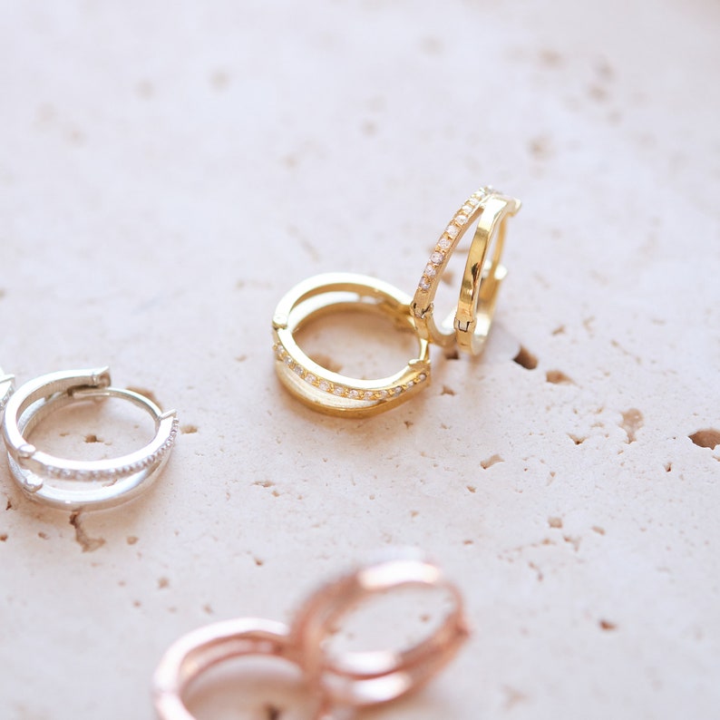 Double Hoop Huggie Earrings, Pave Gold Huggie Hoops, Diamond Earrings, Bridesmaids Gifts, Wedding Earrings, Mom Gifts, Christmas Gift 画像 2