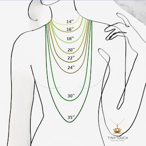 Puede incluir: Diagrama que muestra diferentes longitudes de collar en un maniqu&iacute;, que van desde 14 pulgadas hasta 35 pulgadas. Las longitudes de los collares est&aacute;n etiquetadas en pulgadas.