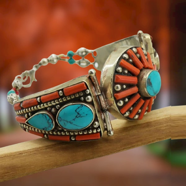 Turquoise Coral Spokes & Bar With Turquoise Oval @ Center And Adjacent Handmade Faux Stone Bracelet  347.142