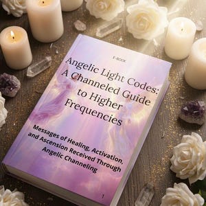 May include: An e-book titled "Angelic Light Codes: A Channeled Guide to Higher Frequencies" rests on a wooden surface, surrounded by lit candles, white roses, and crystals. The book's cover is a soft purple with angelic imagery.