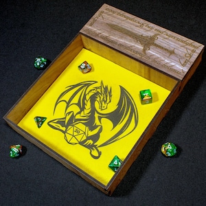 Dragon Dice Rolling Tray and Storage - Real Wood and Leather, Personalised DND Gift