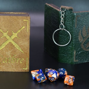 Mini Dice Tome Keyring - personalised premium leather keychain and mini dice bundle - DND, 5e, MTG