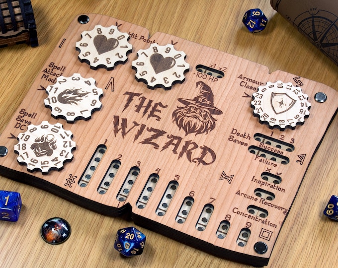 DND Wizard Character Tracker: Wooden DND 5e Stat Sheet