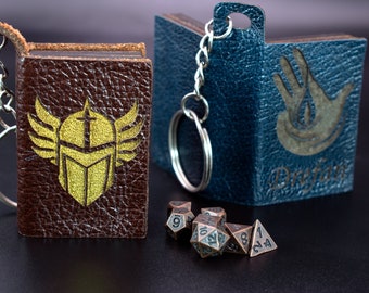 Leather Dice Tome Keyring: Mini Metal Dice Set, DND, MTG