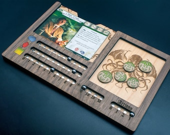 May include: Wooden game organizer with slots for cards, tokens, and dice. Features a card with a person's image and text, plus engraved Cthulhu-themed art and tokens. Includes numbered tracks with metal ball markers.