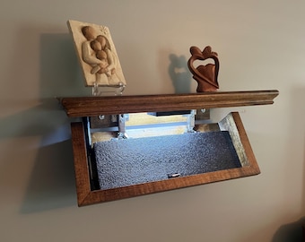 Stained wall shelf with hidden compartment and magnetic locking system