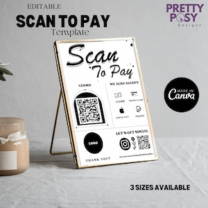 Carte modifiable Scan to Pay, modèle d'enseigne avec code QR Venmo Canva, modèle Scan to Pay, enseigne Paiements acceptés, enseigne Paypal CashApp, enseigne de salon