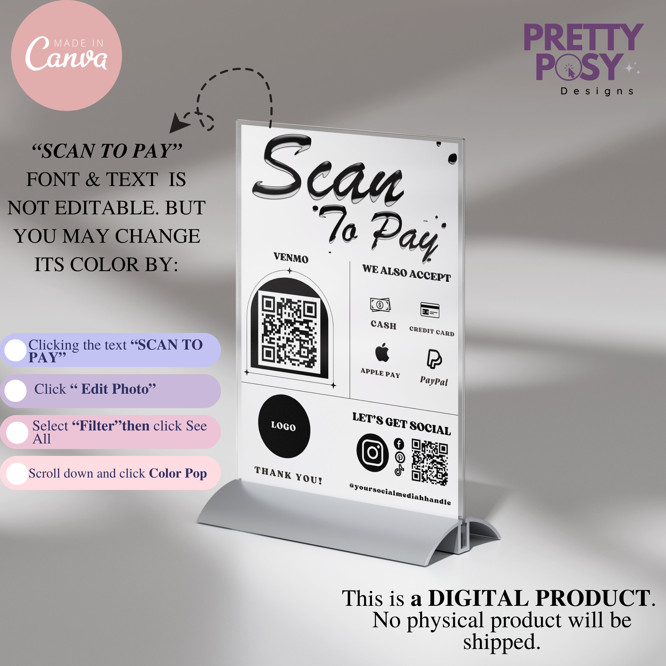 Editable Scan to Pay Card, Venmo QR Code Sign Template Canva, Scan to ...