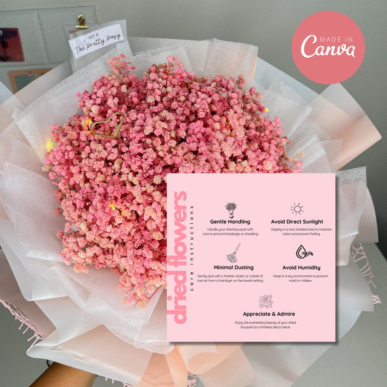 Editable Dried Flowers Bouquet Care Instructions Card,florist Care Card