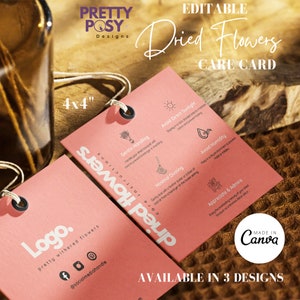 Cartão de instruções de cuidados de buquê de flores secas editável, cartão de cuidados de florista, cartão de cuidados personalizado, modelo de cuidados de flores DIY, guia de cuidados editável