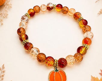 Fall Pumpkin Bracelet, Autumn Beaded Bracelet,Thanksgiving Gift, Jewelry for Women.