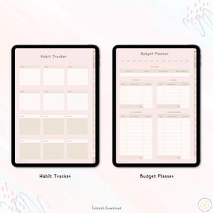 May include: Two digital planner pages on a tablet screen. The left page is a habit tracker with a grid for each month of the year. The right page is a budget planner with sections for income, savings, fixed expenses, and other expenses.