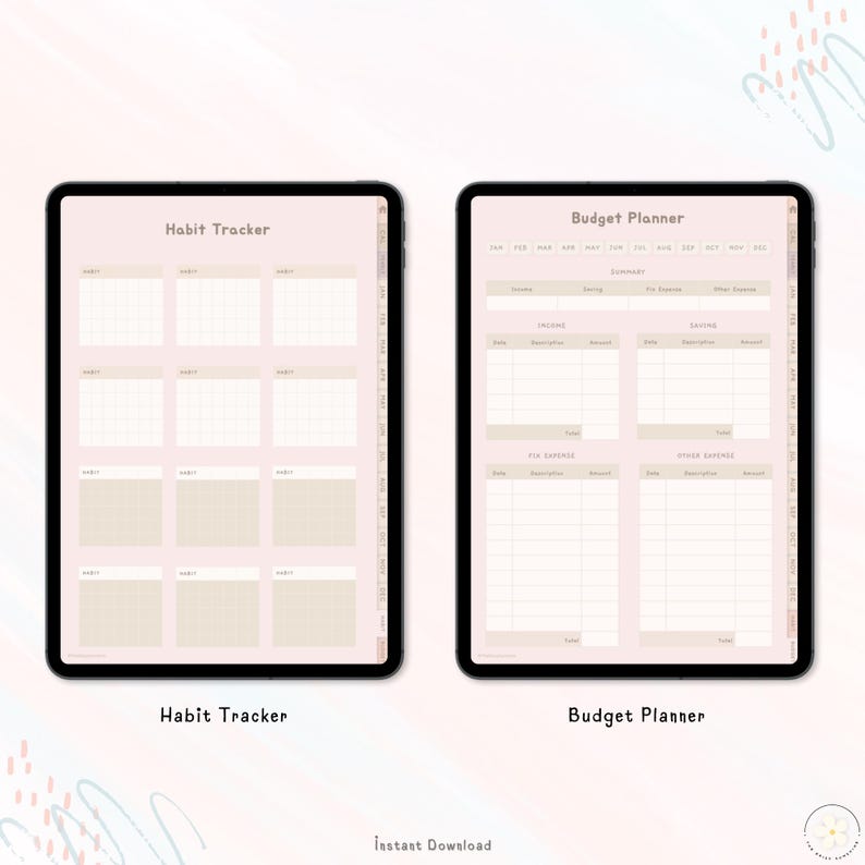 May include: Two digital planner pages on a tablet screen. The left page is a habit tracker with a grid for each month of the year. The right page is a budget planner with sections for income, savings, fixed expenses, and other expenses.