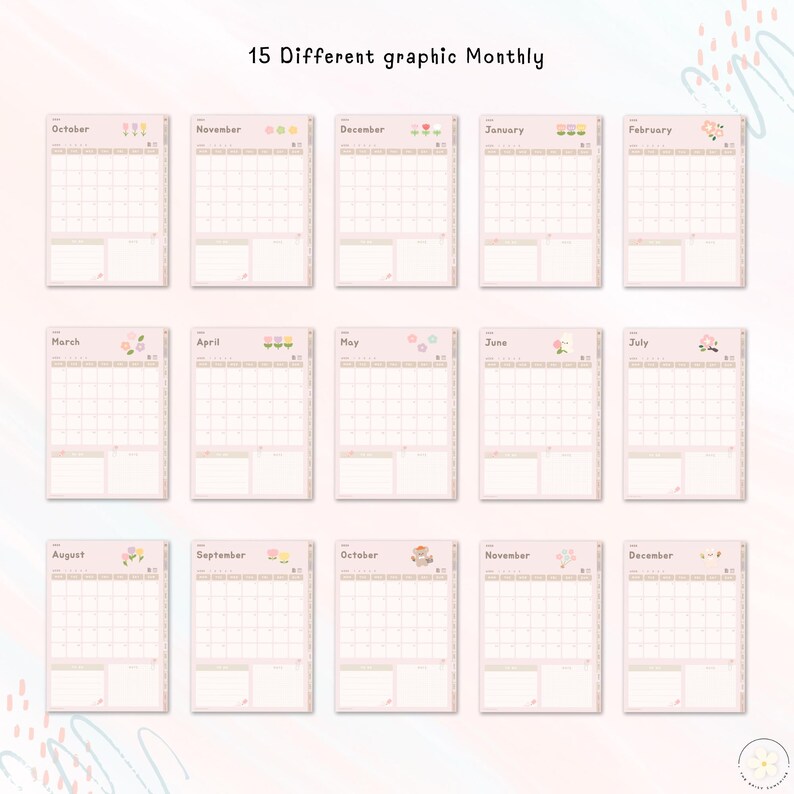 May include: Fifteen printable monthly calendar templates with floral illustrations. Each calendar features a different month of the year and a floral design.