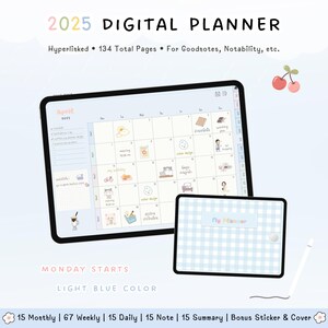 May include: A digital planner for 2025 with a light blue background and a checkered pattern. The planner includes 15 monthly, 67 weekly, 15 daily, 15 note, and 15 summary pages. It also includes a bonus sticker and cover.