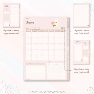 May include: A pink and white digital planner template for June 2025 with a cute bunny illustration. The template includes a monthly calendar, weekly planner, daily planner, and note pages. It is designed for use with digital note-taking apps like Goodnotes, Notability, and Noteshelf.