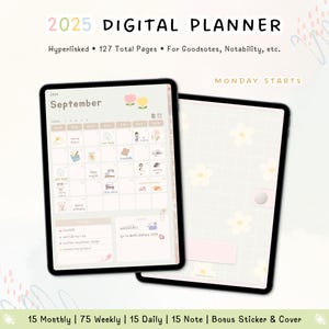 May include: A digital planner for 2025 with a floral design. The planner includes 15 monthly, 75 weekly, 15 daily, and 15 note pages. It also includes a bonus sticker and cover. The planner is designed for use with Goodnotes and Notability.
