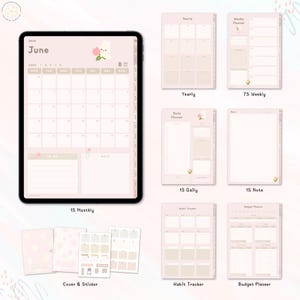May include: A digital planner with a pink and white color scheme. The planner includes a monthly calendar, daily planner, weekly planner, note pages, habit tracker, and budget planner. The planner also includes a cover and sticker sheet with a cute bunny illustration.