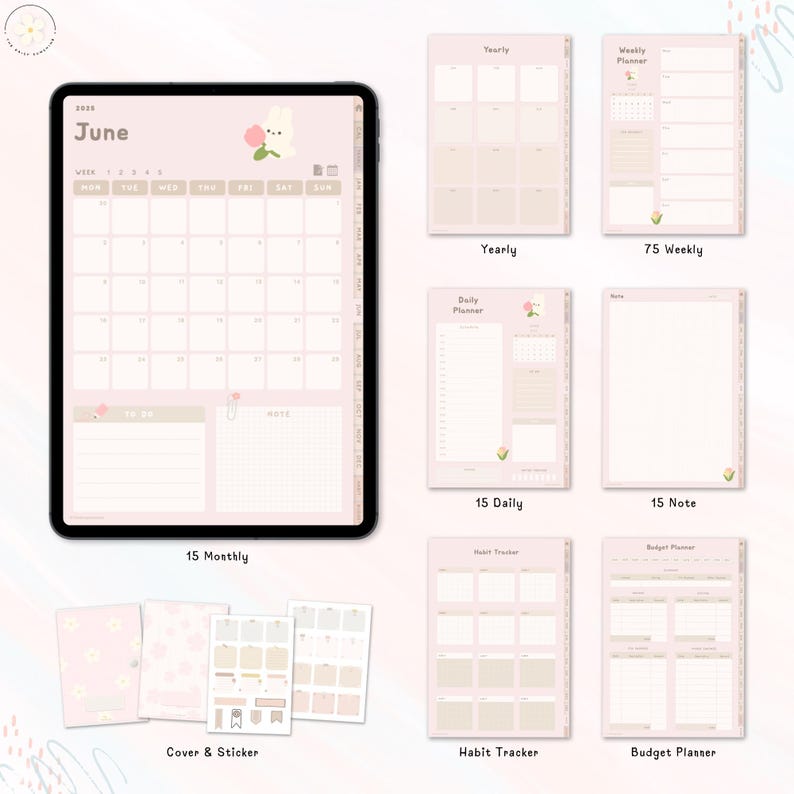 May include: A digital planner with a pink and white color scheme. The planner includes a monthly calendar, daily planner, weekly planner, note pages, habit tracker, and budget planner. The planner also includes a cover and sticker sheet with a cute bunny illustration.