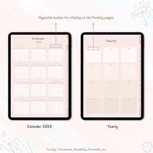 May include: A digital calendar template for 2025, displayed on a tablet screen. The template includes a monthly calendar view and a yearly calendar view. The monthly calendar view shows all 12 months of the year, while the yearly calendar view shows a grid of 12 months.