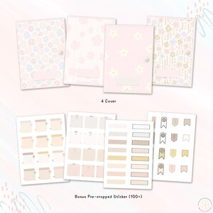 May include: Four pink and white patterned covers with a blank space for writing.  Bonus pre-cropped stickers with floral, geometric, and ribbon designs.