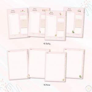 May include: A set of 15 printable daily planner pages and 15 note pages. The pages are pink with floral and tree illustrations. The text "Daily Planner" and "Note" are printed on the pages.