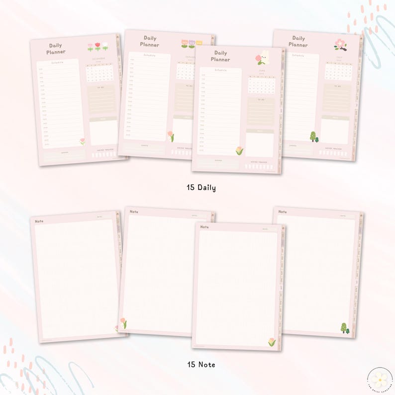 May include: A set of 15 printable daily planner pages and 15 note pages. The pages are pink with floral and tree illustrations. The text "Daily Planner" and "Note" are printed on the pages.