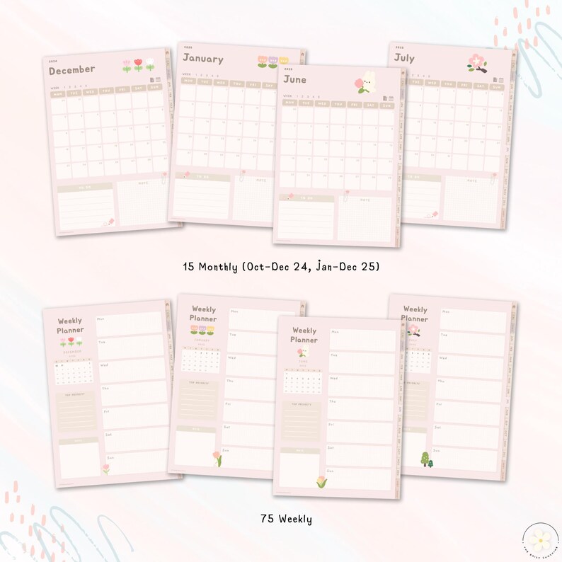 May include: A set of 15 monthly and 75 weekly planner pages with floral illustrations. The monthly pages are for October 24th to December 25th and January to December 25th. The weekly pages have a space for a weekly calendar and a to-do list.