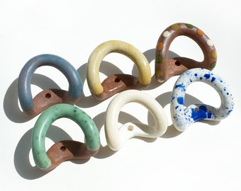 XL Ceramic Wall Hooks Handmade Decorative Coat Hook / Colorful Funky Pattern Towel Hook / Rustic Earth Tones