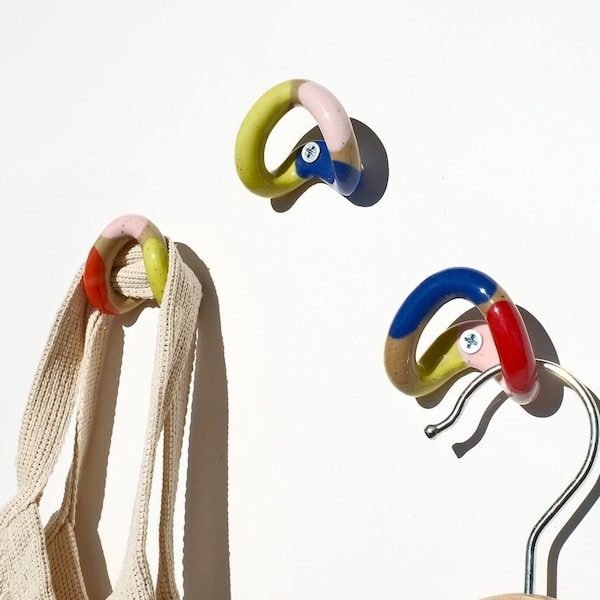 Ceramic Wall Hooks Handmade Decorative Coat Hook / Colorful Towel Hook / Abstract Color Block Red Blue Yellow Pattern