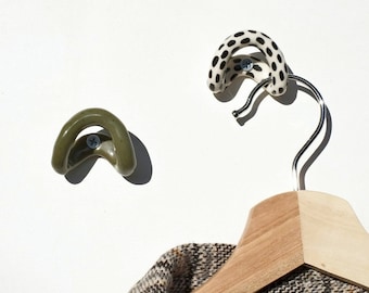 PRE-ORDER: Set of 2 Wall Hooks Ceramic Decorative Handmade Coat Hook / Colorful Pattern Towel Hook / Green Black Polka Dots