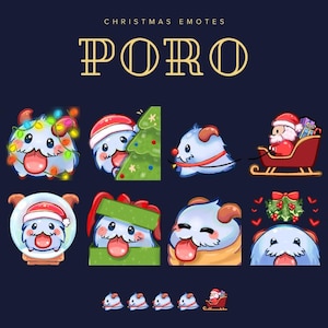 Puede incluir: Gráfico azul oscuro con emotes navideños de una criatura azul con gorro de Papá Noel, un árbol de Navidad y un trineo. La palabra "PORO" está en oro, con "CHRISTMAS EMOTES" encima.