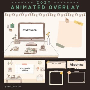 Puede incluir: Diseño de superposición animada y acogedora con una configuración de escritorio, una pantalla de computadora que muestra "STARTING SO", un bloc de notas, un cuadro de chat y una sección "About me". El diseño incluye el texto "COZY ANIMATED OVERLAY".