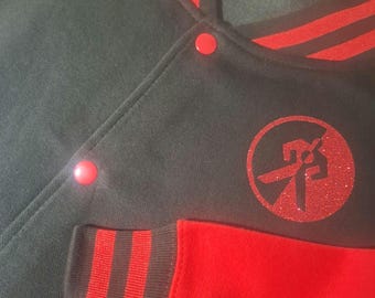 Boyzone inspired Red & Black Varsity Jacket with glitter front and back. One or two for the road. You choose