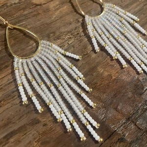 White and Gold Beaded Fringe Earrings – Elegant Statement Jewelry for Free Spirits