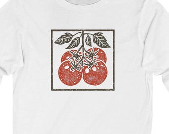 Boho Linocut Tomato Frame Tee, Minimalist Folk Art Long Sleeve