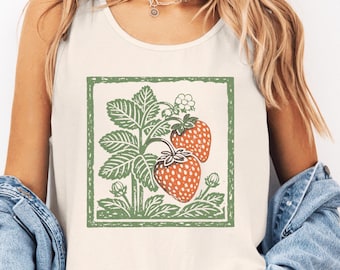 Strawberry Plant Tank Top, Vintage Botanical Tee, Cottagecore Garden Shirt, Folk Art Graphic, Nature Lover Gift, Summer Top