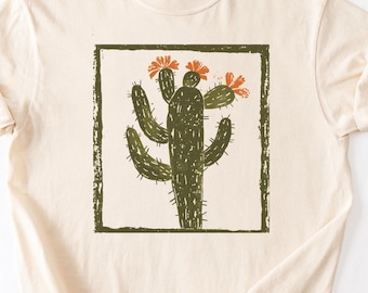 Kaktusskjorta, ökenväxt-t-shirt, västerländsk grafisk skjorta, boho kaktus-t-shirt, folkkonst-t-shirt, botanisk skjorta, växtälskare-gåva, ökenestetik