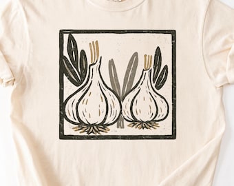 Vitlöksskjorta, skandinavisk folkkonstskjorta, botanisk trädgårdsskjorta, matlagningsskjorta, grönsaksskjorta, foodie-gåva, Cottagecore-skjorta