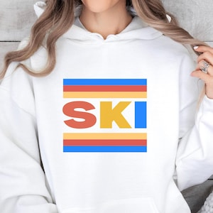 Sudadera retro de esquí, sudadera para amantes de la montaña, camiseta con texto SKI, ropa para viajes de esquí, sudadera con capucha unisex